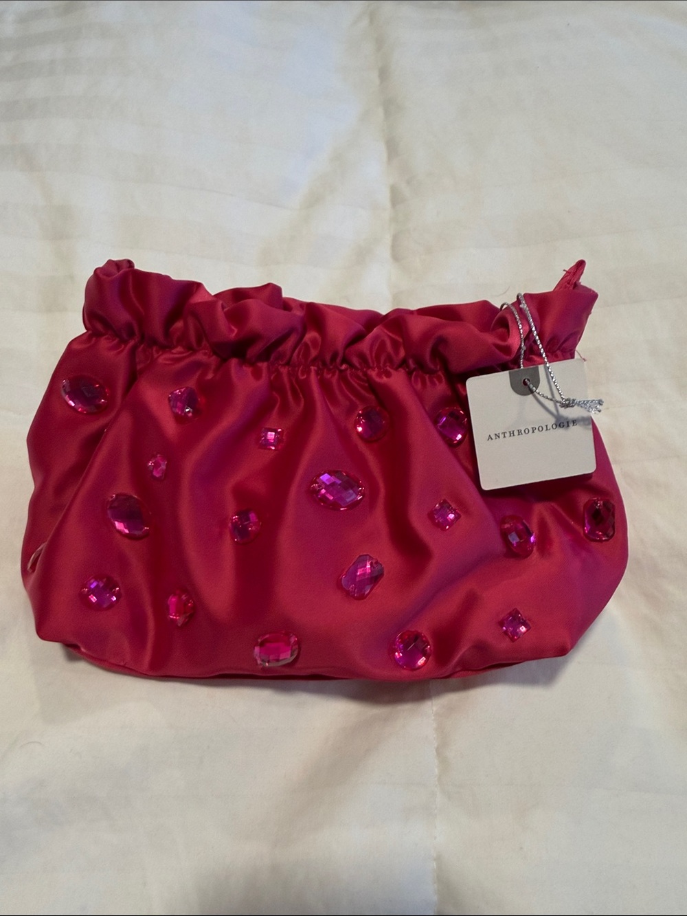 Anthropologie Fuchsia Jewel-Embellished Satin Pouch